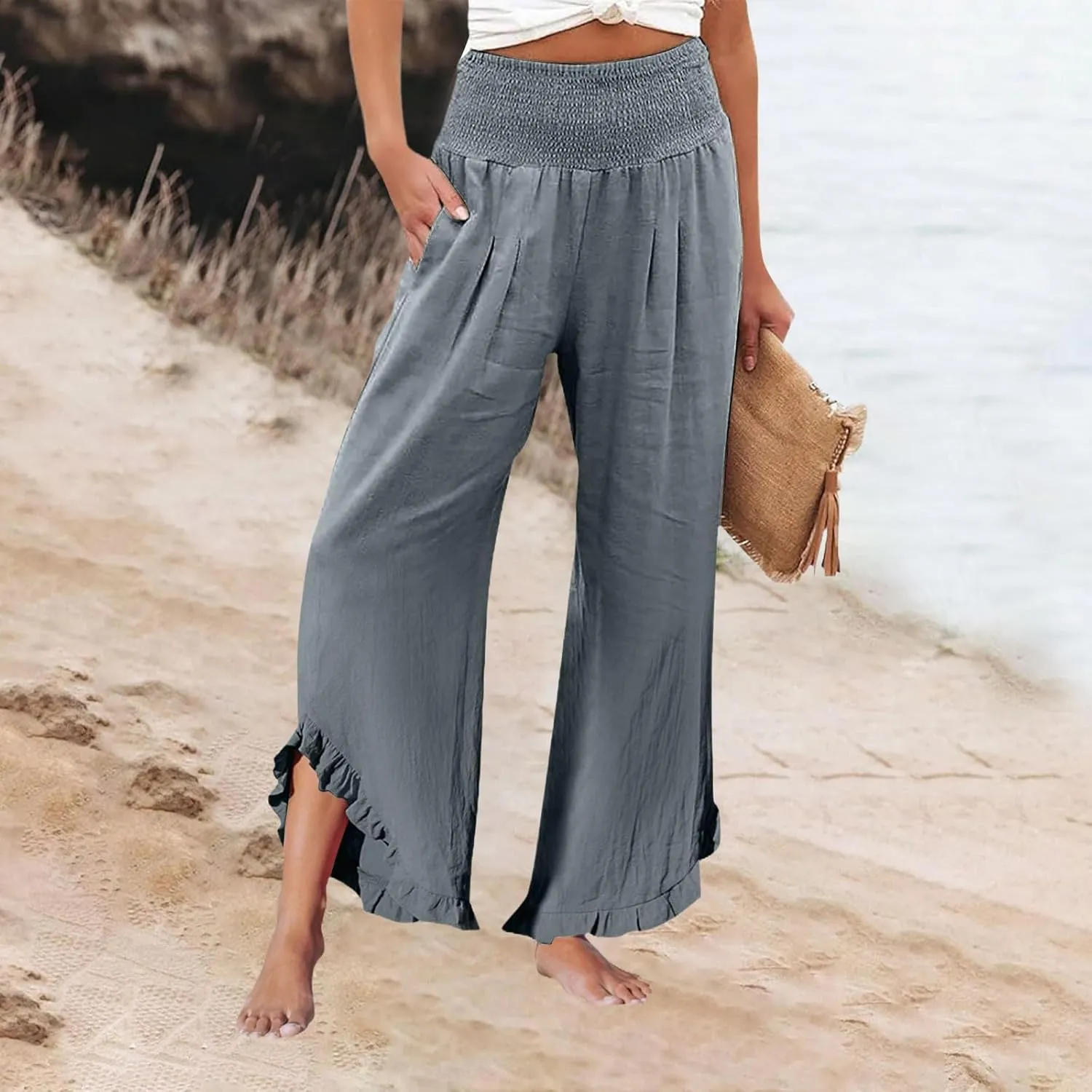Wide Leg Pants Woman Elastic Waist High Waisted Smocked Linen Pants with Pockets Flowy Casual Summer Womens Trousers