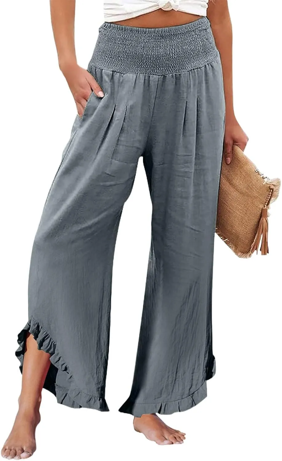 Wide Leg Pants Woman Elastic Waist High Waisted Smocked Linen Pants with Pockets Flowy Casual Summer Womens Trousers