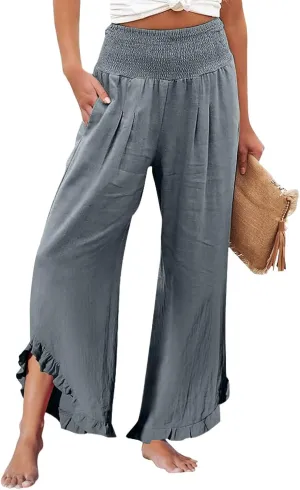 Wide Leg Pants Woman Elastic Waist High Waisted Smocked Linen Pants with Pockets Flowy Casual Summer Womens Trousers