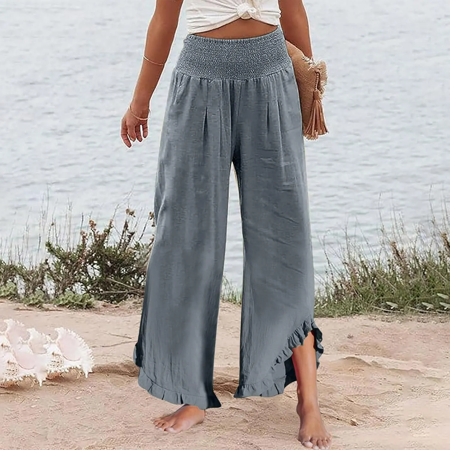 Wide Leg Pants Woman Elastic Waist High Waisted Smocked Linen Pants with Pockets Flowy Casual Summer Womens Trousers