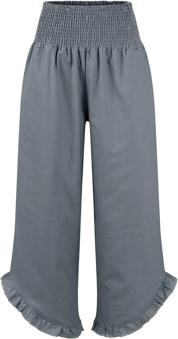 Wide Leg Pants Woman Elastic Waist High Waisted Smocked Linen Pants with Pockets Flowy Casual Summer Womens Trousers