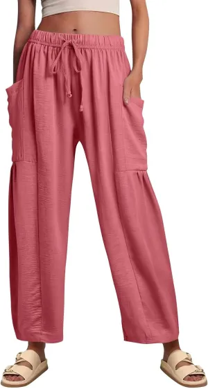 Wide Leg Pants Woman High Waisted Drawstring Casual Boho Pants Summer Baggy Trendy Palazzo Harem Trousers with Pockets