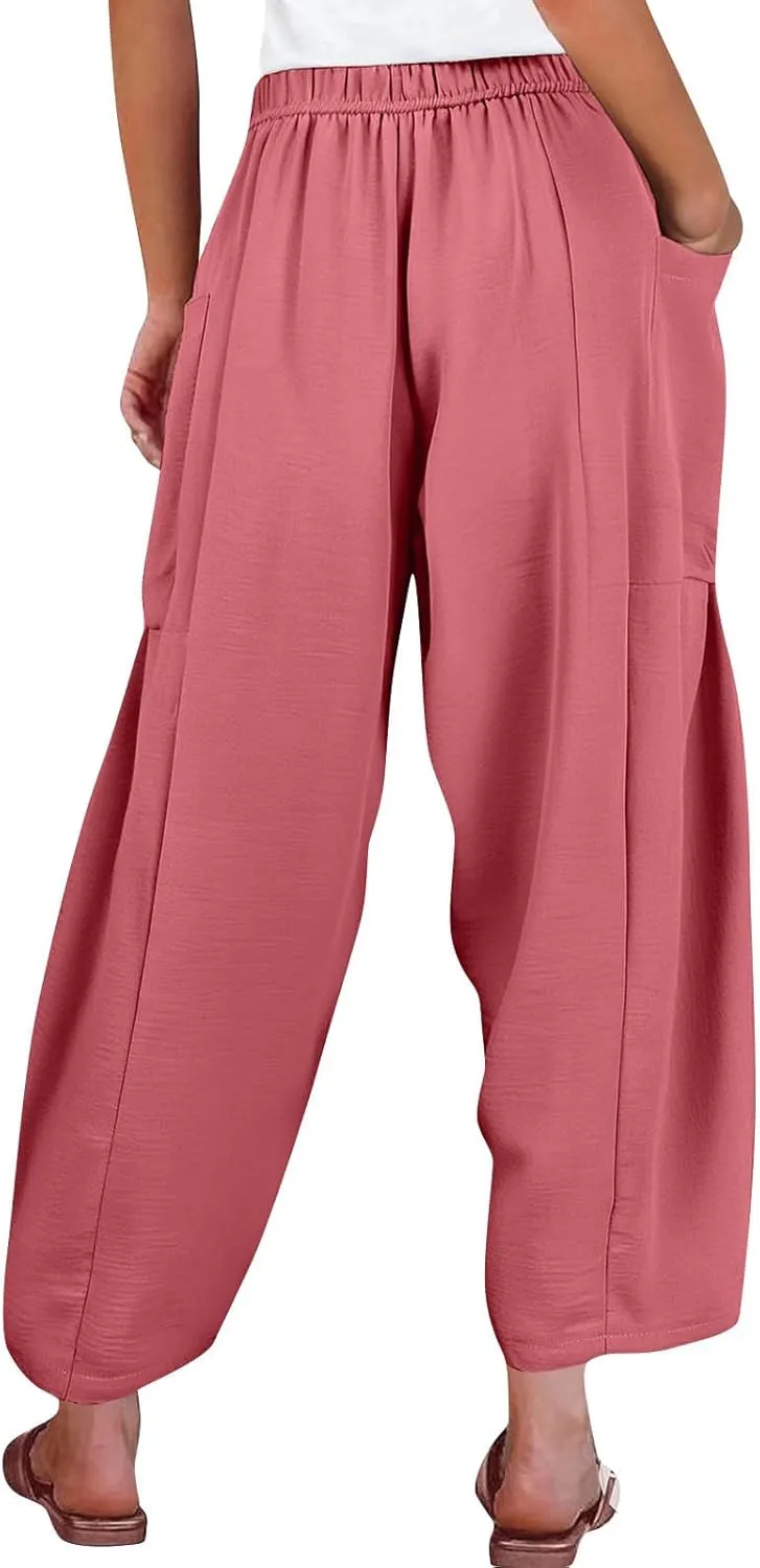 Wide Leg Pants Woman High Waisted Drawstring Casual Boho Pants Summer Baggy Trendy Palazzo Harem Trousers with Pockets