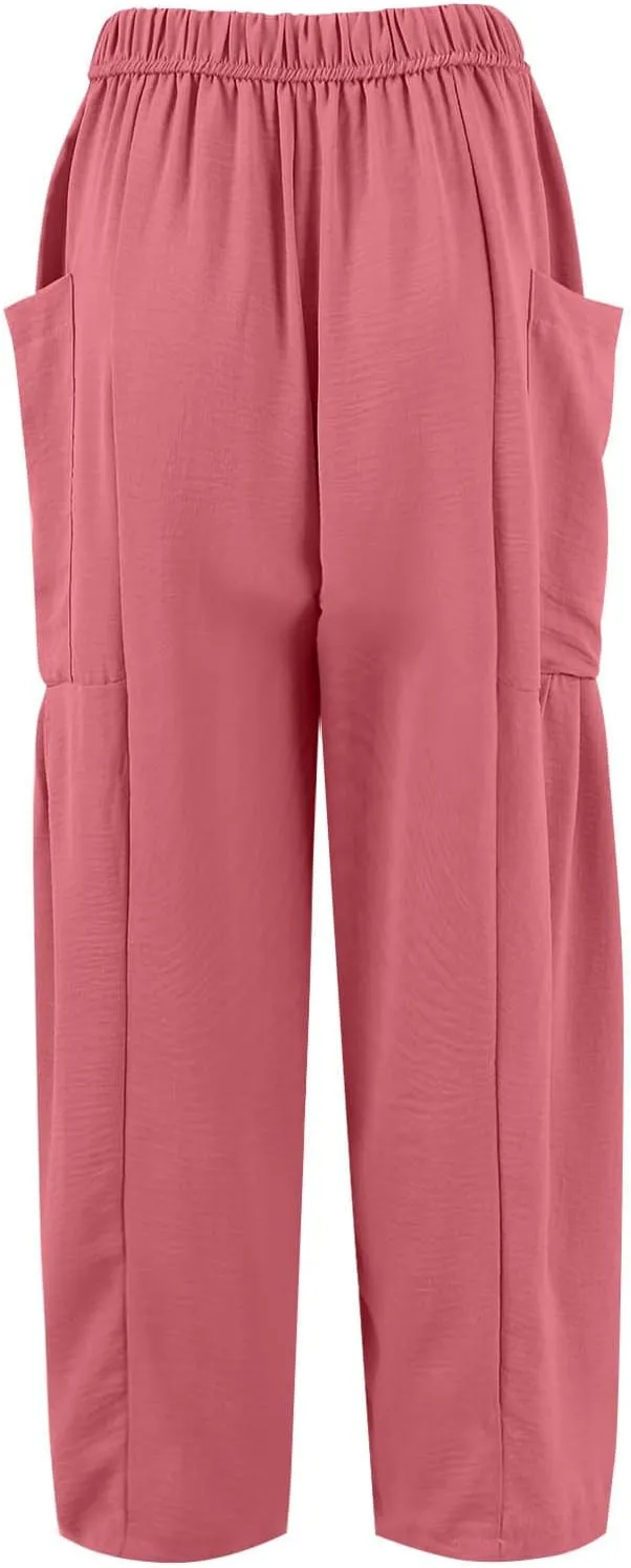 Wide Leg Pants Woman High Waisted Drawstring Casual Boho Pants Summer Baggy Trendy Palazzo Harem Trousers with Pockets