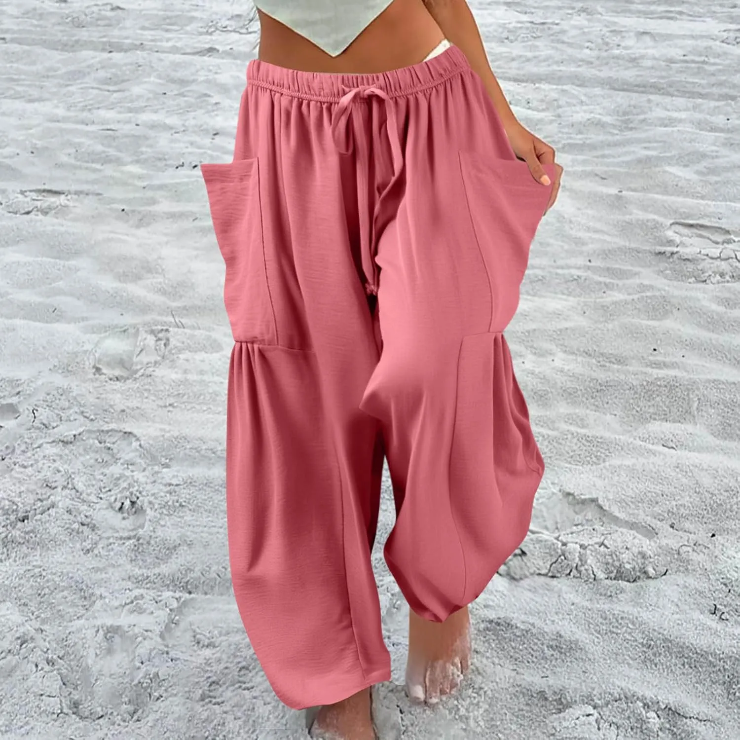 Wide Leg Pants Woman High Waisted Drawstring Casual Boho Pants Summer Baggy Trendy Palazzo Harem Trousers with Pockets