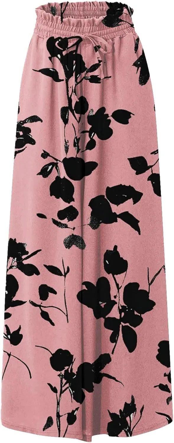 Wide Leg Pants Woman Palazzo Floral Dress Pants Flowy High Waisted Summer 2025 Beach Boho Trousers with Pockets