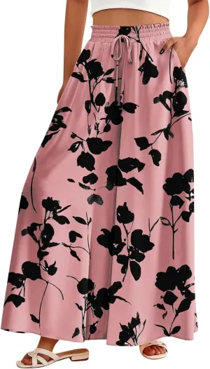 Wide Leg Pants Woman Palazzo Floral Dress Pants Flowy High Waisted Summer 2025 Beach Boho Trousers with Pockets