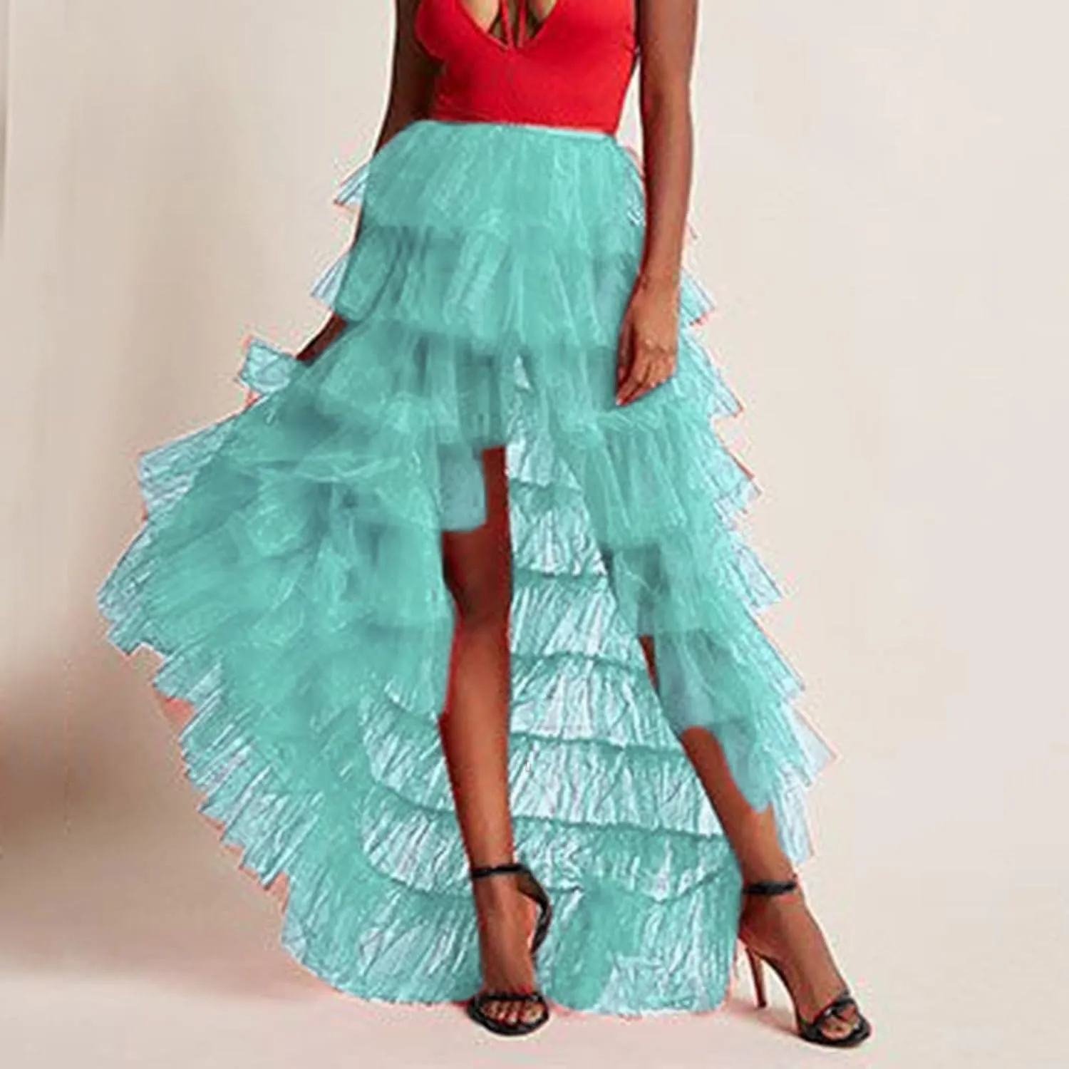 Woman's Cake High Waist Skirt Pleated Skirt Bubble Skirt Long High Low Ruffles Party Tulle Skirt Plaid Schoolgirl