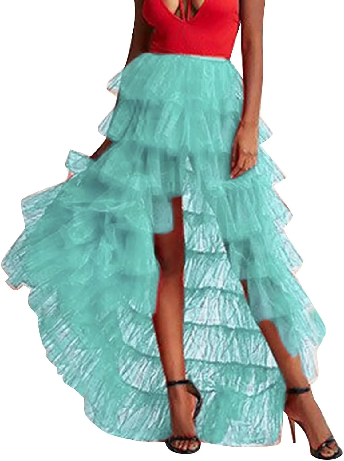 Woman's Cake High Waist Skirt Pleated Skirt Bubble Skirt Long High Low Ruffles Party Tulle Skirt Plaid Schoolgirl