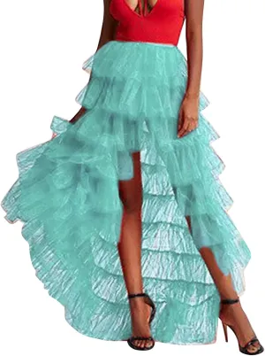 Woman's Cake High Waist Skirt Pleated Skirt Bubble Skirt Long High Low Ruffles Party Tulle Skirt Plaid Schoolgirl