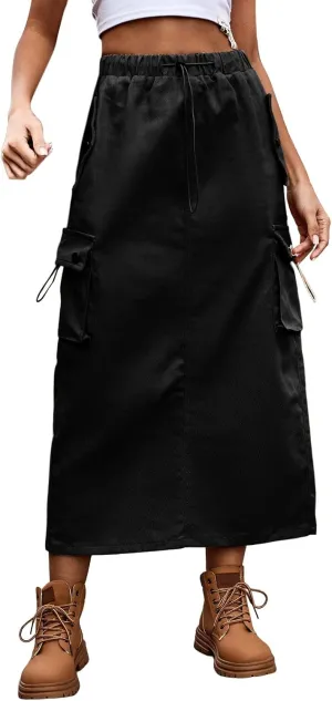 Women Baggy Parachute Skirt Comfy Casual Cotton Y2k Cargo Maxi Long Skirt 2024
