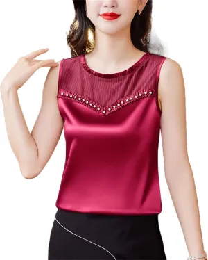 Women Beaded Tank Top Silk Satin Shirt Round Neck Sleeveless Camisole