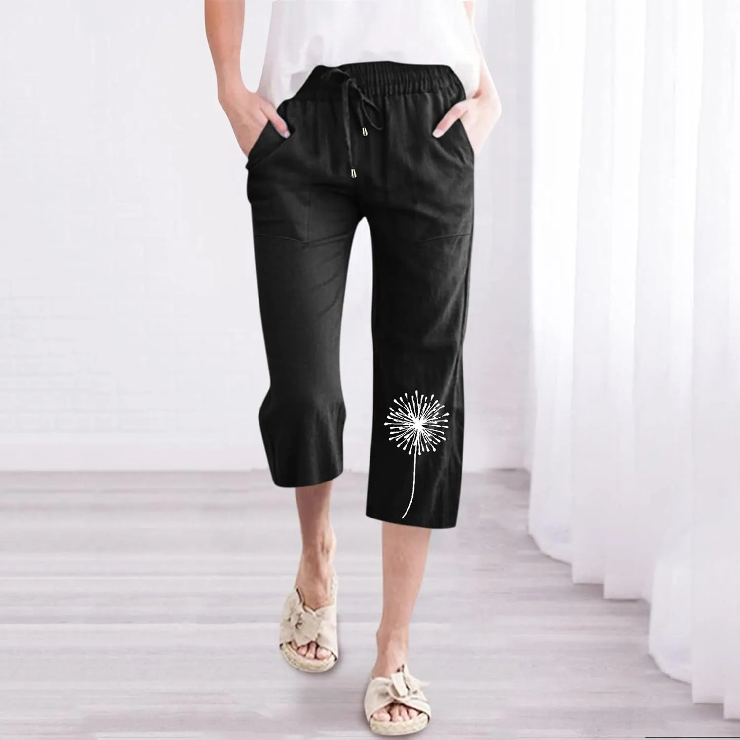 Women Dandelion Print Drawstring Trousers Elastic High Waist Pant Wide Leg Cropped Capri Pants with Pockets (Black, L)