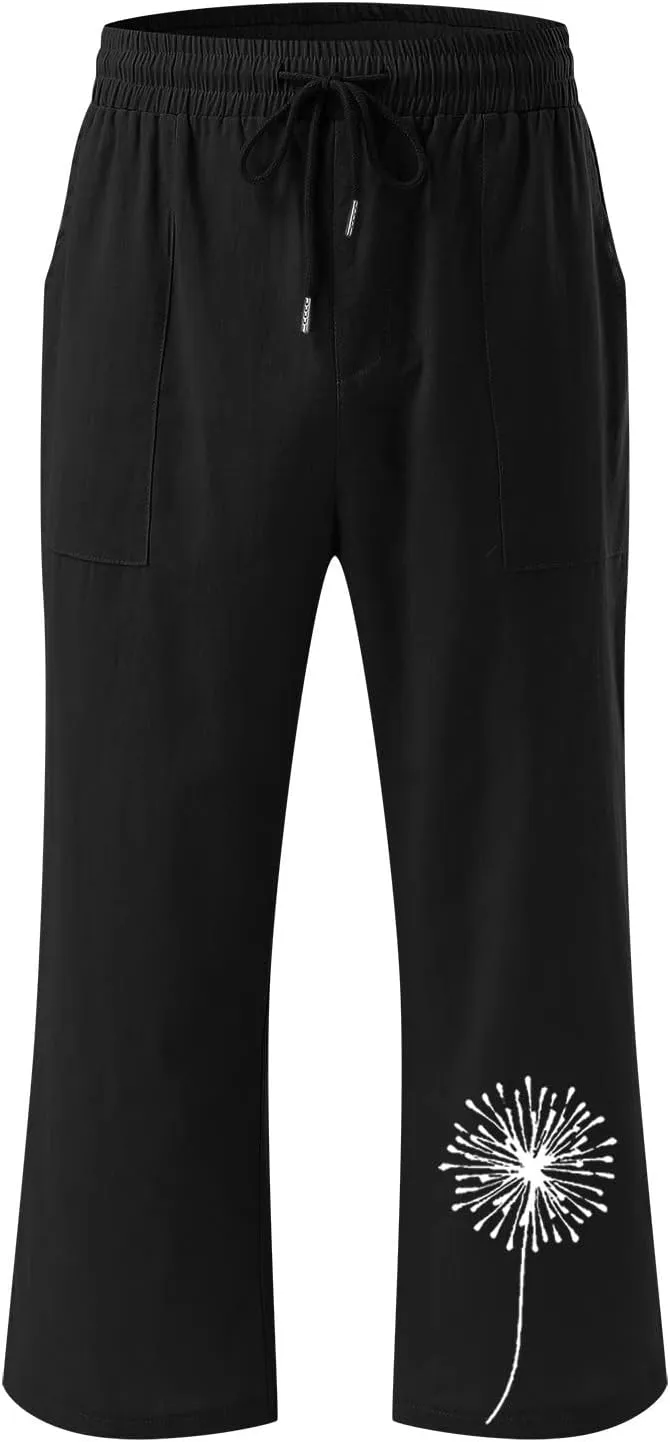 Women Dandelion Print Drawstring Trousers Elastic High Waist Pant Wide Leg Cropped Capri Pants with Pockets (Black, L)