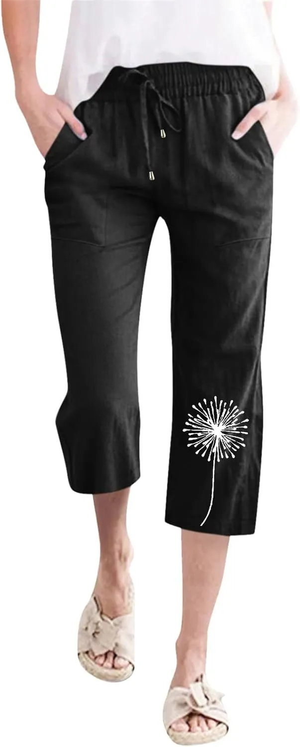Women Dandelion Print Drawstring Trousers Elastic High Waist Pant Wide Leg Cropped Capri Pants with Pockets (Black, L)