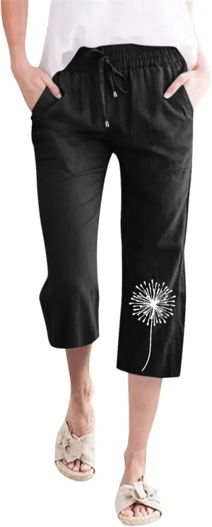 Women Dandelion Print Drawstring Trousers Elastic High Waist Pant Wide Leg Cropped Capri Pants with Pockets (Black, L)