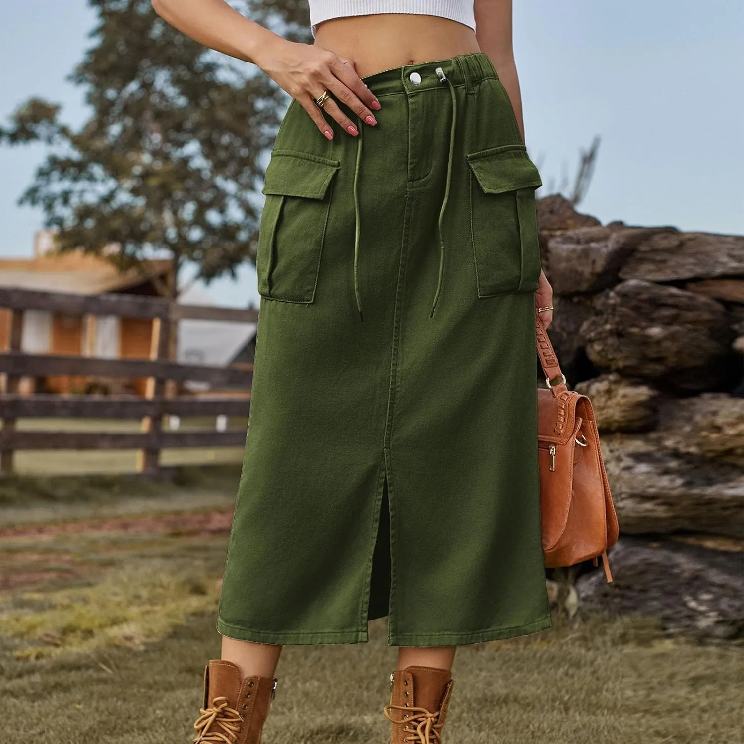 Women Denim Cargo Long Skirts High Waist Adjustable Drawstring Side Split Front Pencil Skirt Midi Length Jean Skirt