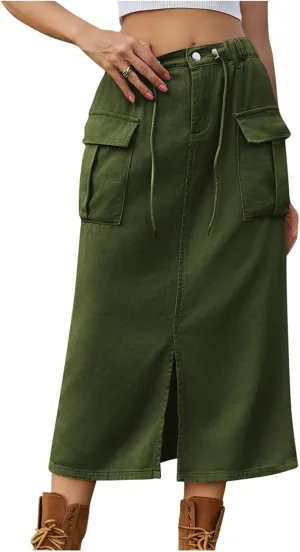 Women Denim Cargo Long Skirts High Waist Adjustable Drawstring Side Split Front Pencil Skirt Midi Length Jean Skirt
