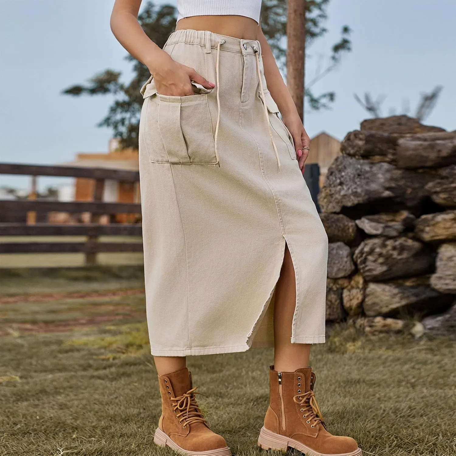 Women Denim Cargo Long Skirts High Waist Adjustable Drawstring Side Split Front Pencil Skirt Midi Length Jean Skirt