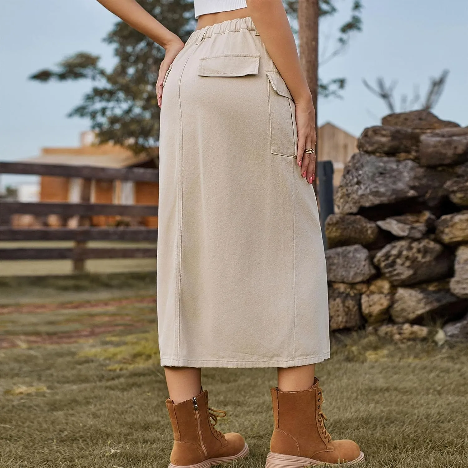 Women Denim Cargo Long Skirts High Waist Adjustable Drawstring Side Split Front Pencil Skirt Midi Length Jean Skirt