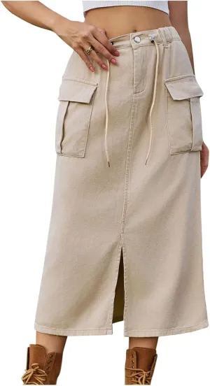 Women Denim Cargo Long Skirts High Waist Adjustable Drawstring Side Split Front Pencil Skirt Midi Length Jean Skirt Women Denim Cargo Long Skirts High Waist Adjustable Drawstring Side Split Front Pencil Skirt Midi Length Jean Skirt