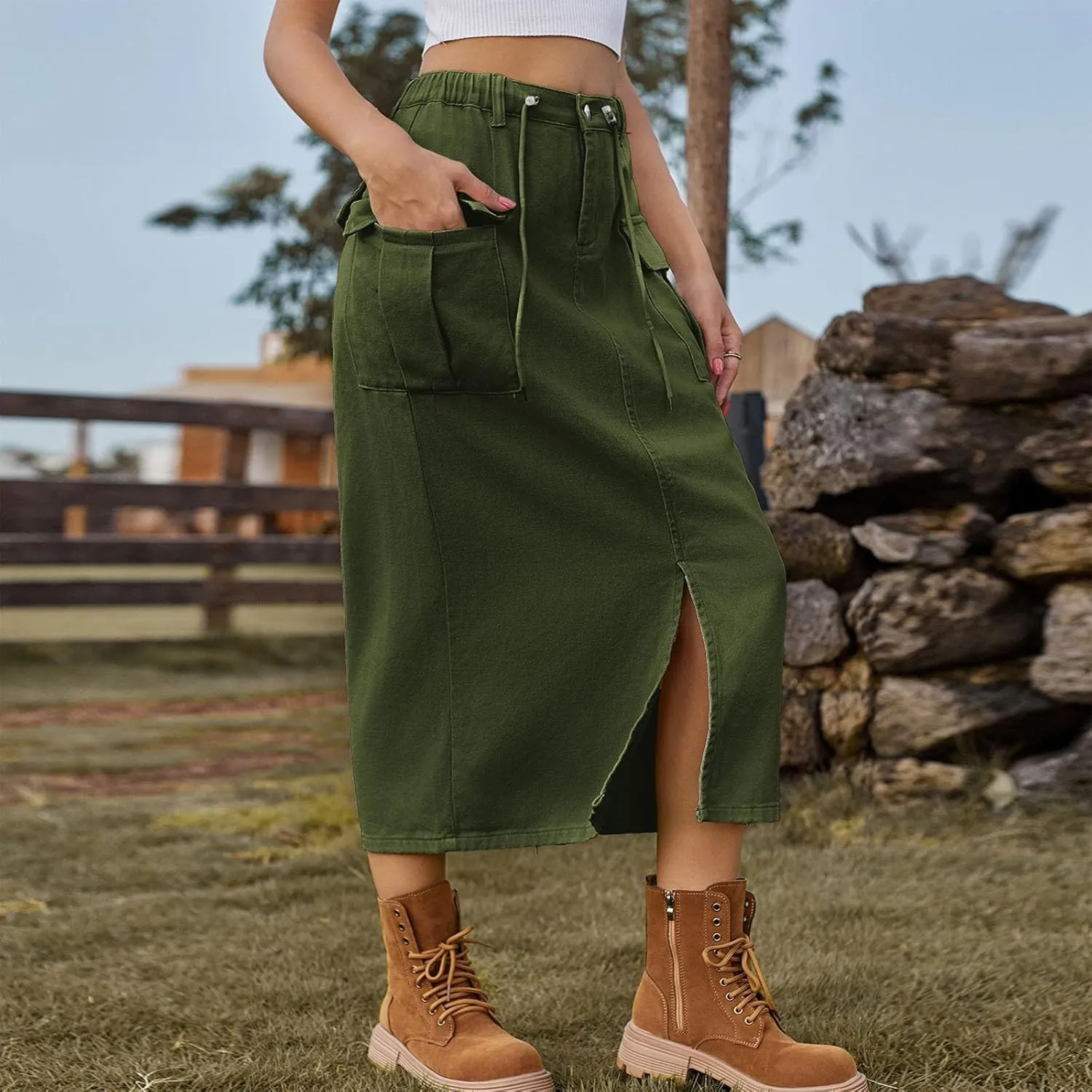 Women Denim Cargo Long Skirts High Waist Adjustable Drawstring Side Split Front Pencil Skirt Midi Length Jean Skirt