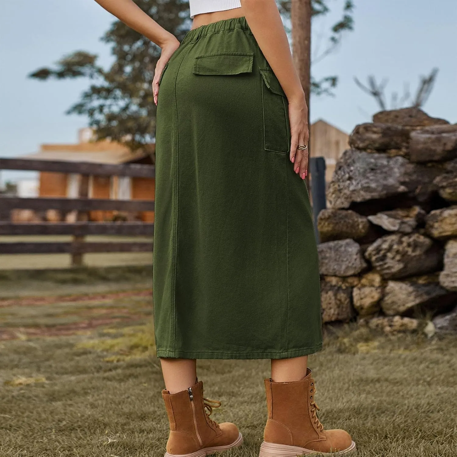 Women Denim Cargo Long Skirts High Waist Adjustable Drawstring Side Split Front Pencil Skirt Midi Length Jean Skirt