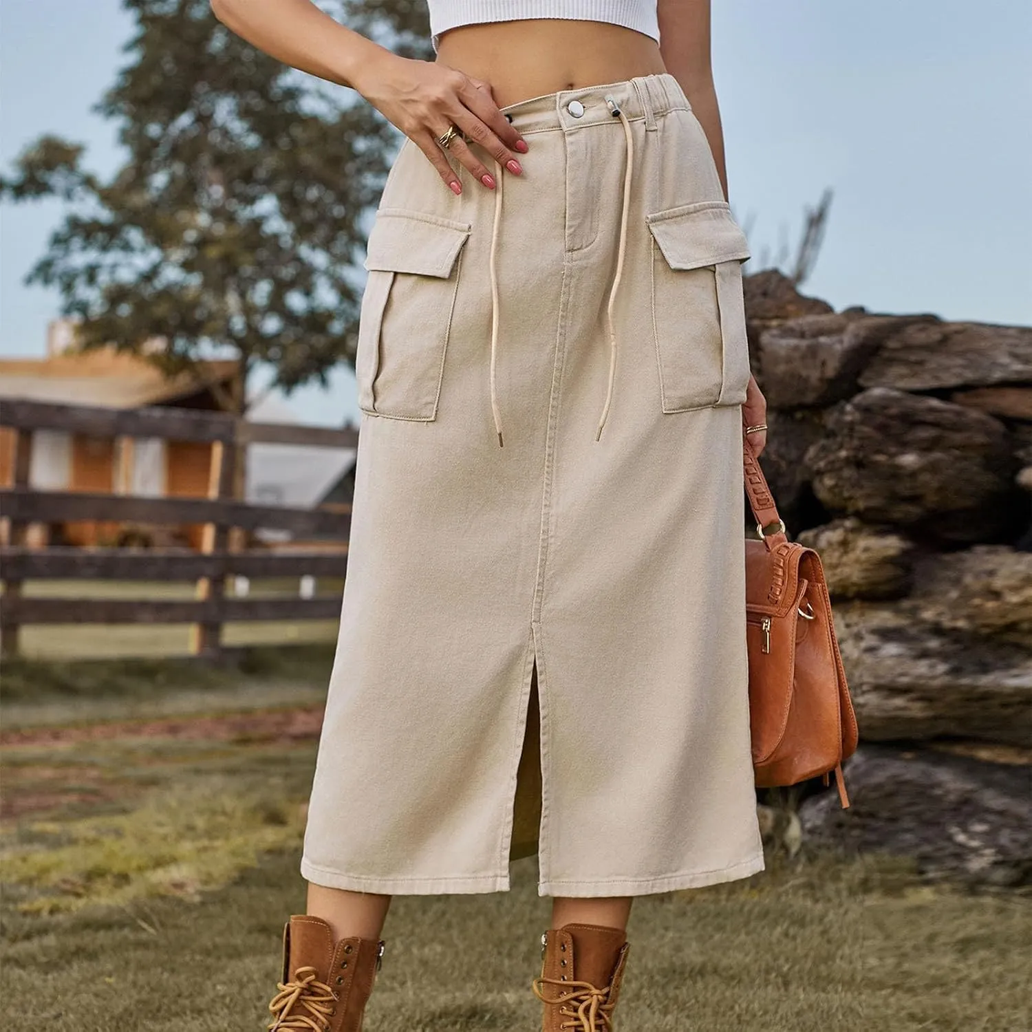 Women Denim Cargo Long Skirts High Waist Adjustable Drawstring Side Split Front Pencil Skirt Midi Length Jean Skirt