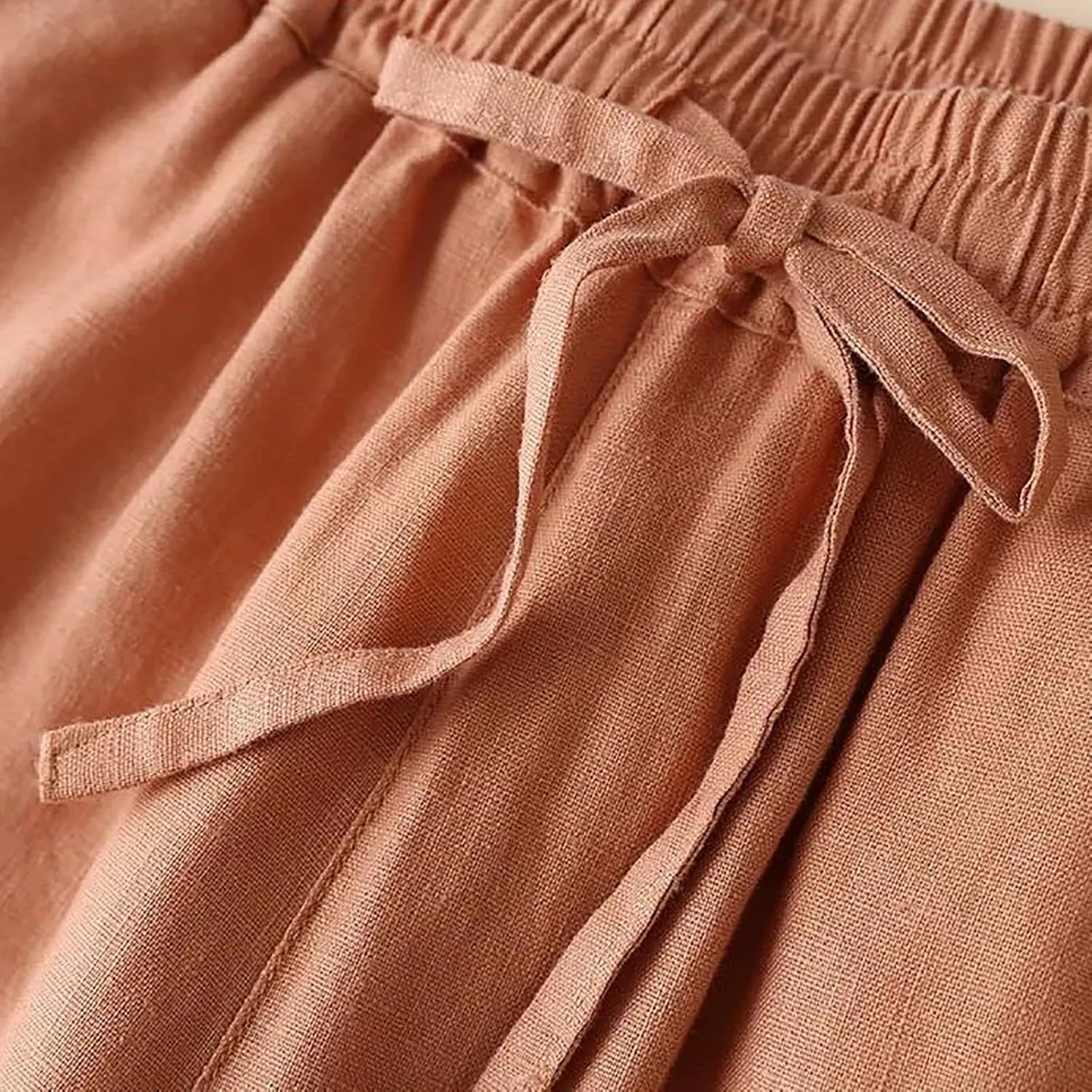 Women Fashion Solid Color Cotton Elastic Long Pants Beach Leisure Trousers