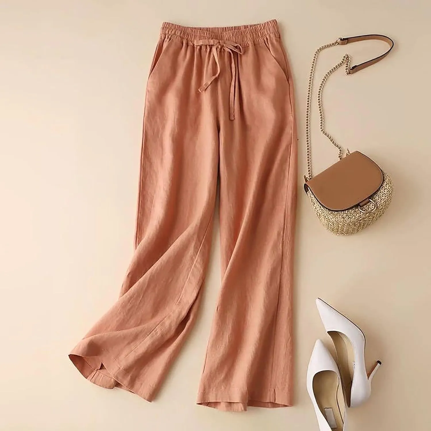 Women Fashion Solid Color Cotton Elastic Long Pants Beach Leisure Trousers