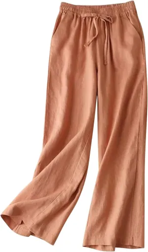 Women Fashion Solid Color Cotton Elastic Long Pants Beach Leisure Trousers