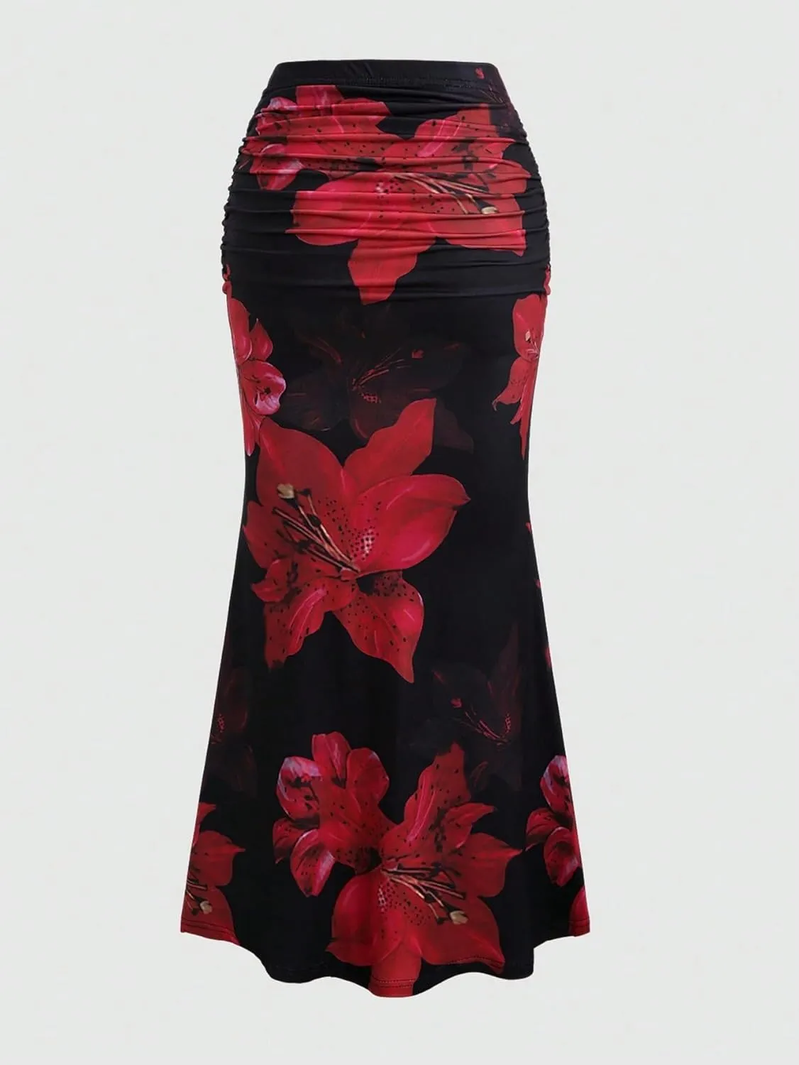 Women Floral Midi Skirt Print Mermaid Long Skirt Pleated Maxi Skirt Summer