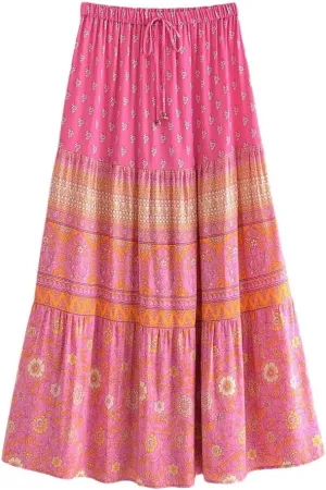 Women Floral Print Beach Skirt High Elastic Waist Aline Maxi Skirt Femme Pink S