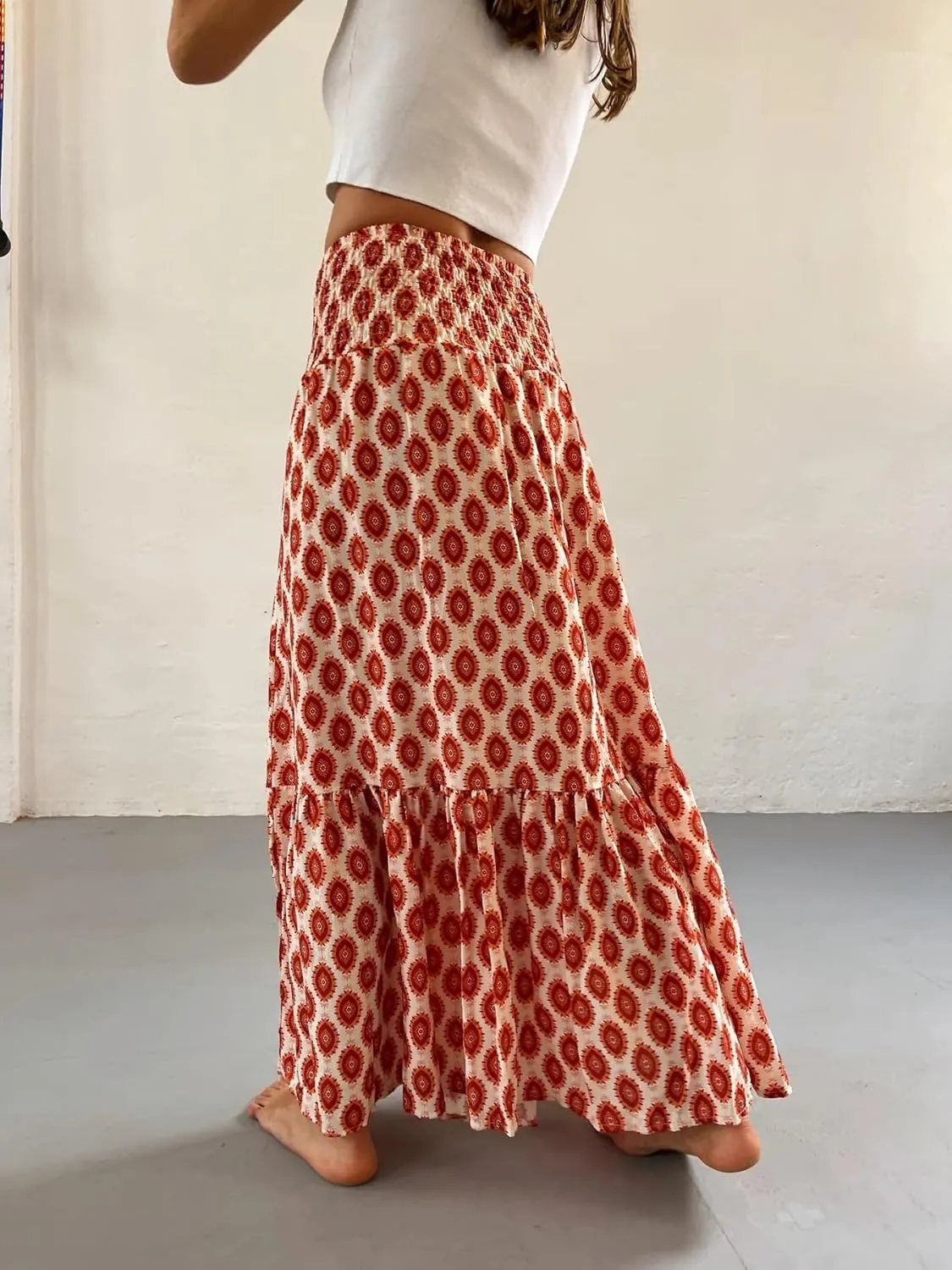 Women Flowy Boho Maxi Skirt Print Pleated Aline Long Summer Sexy Skirt