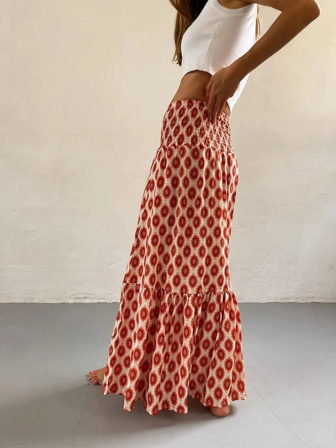 Women Flowy Boho Maxi Skirt Print Pleated Aline Long Summer Sexy Skirt