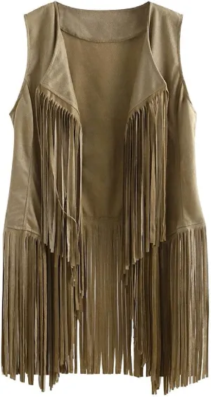 Women Fringe Vest 70S Hippie Faux Suede Open-Front Vintage Vest Sleeveless Tassel Cardigan Waistcoat Western Jacket