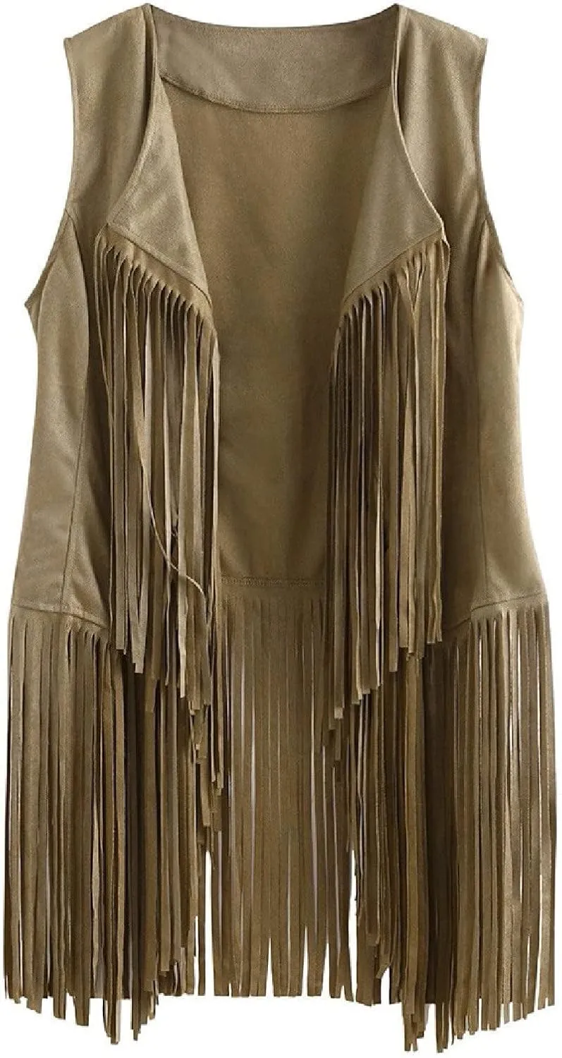 Women Fringe Vest 70S Hippie Faux Suede Open-Front Vintage Vest Sleeveless Tassel Cardigan Waistcoat Western Jacket