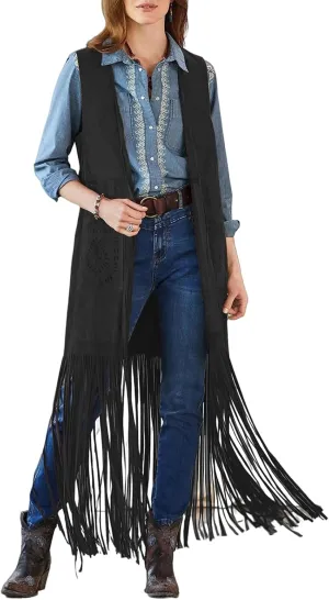 Women Fringe Vest 70S Hippie Faux Suede Open-Front Vintage Vest Sleeveless Tassel Cardigan Waistcoat Western Jacket