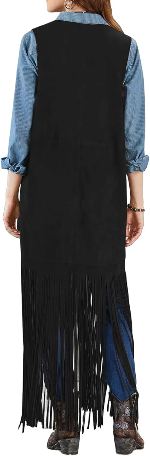Women Fringe Vest 70S Hippie Faux Suede Open-Front Vintage Vest Sleeveless Tassel Cardigan Waistcoat Western Jacket