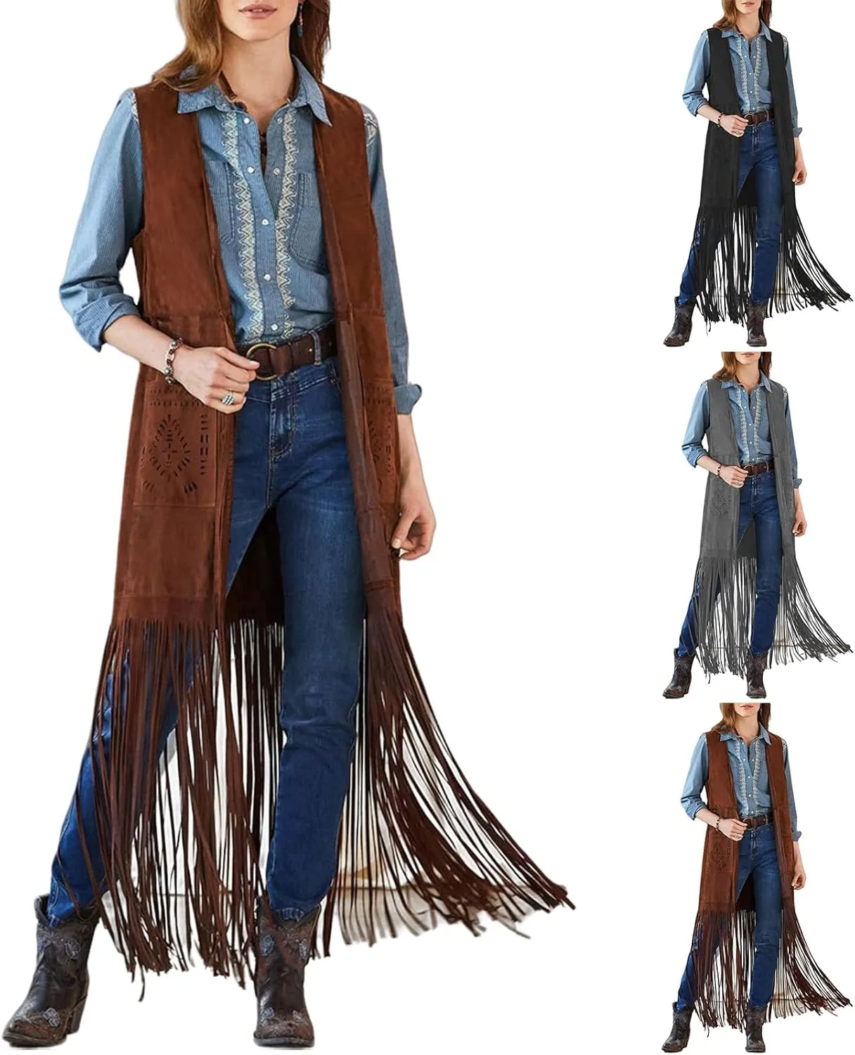 Women Fringe Vest 70S Hippie Faux Suede Open-Front Vintage Vest Sleeveless Tassel Cardigan Waistcoat Western Jacket