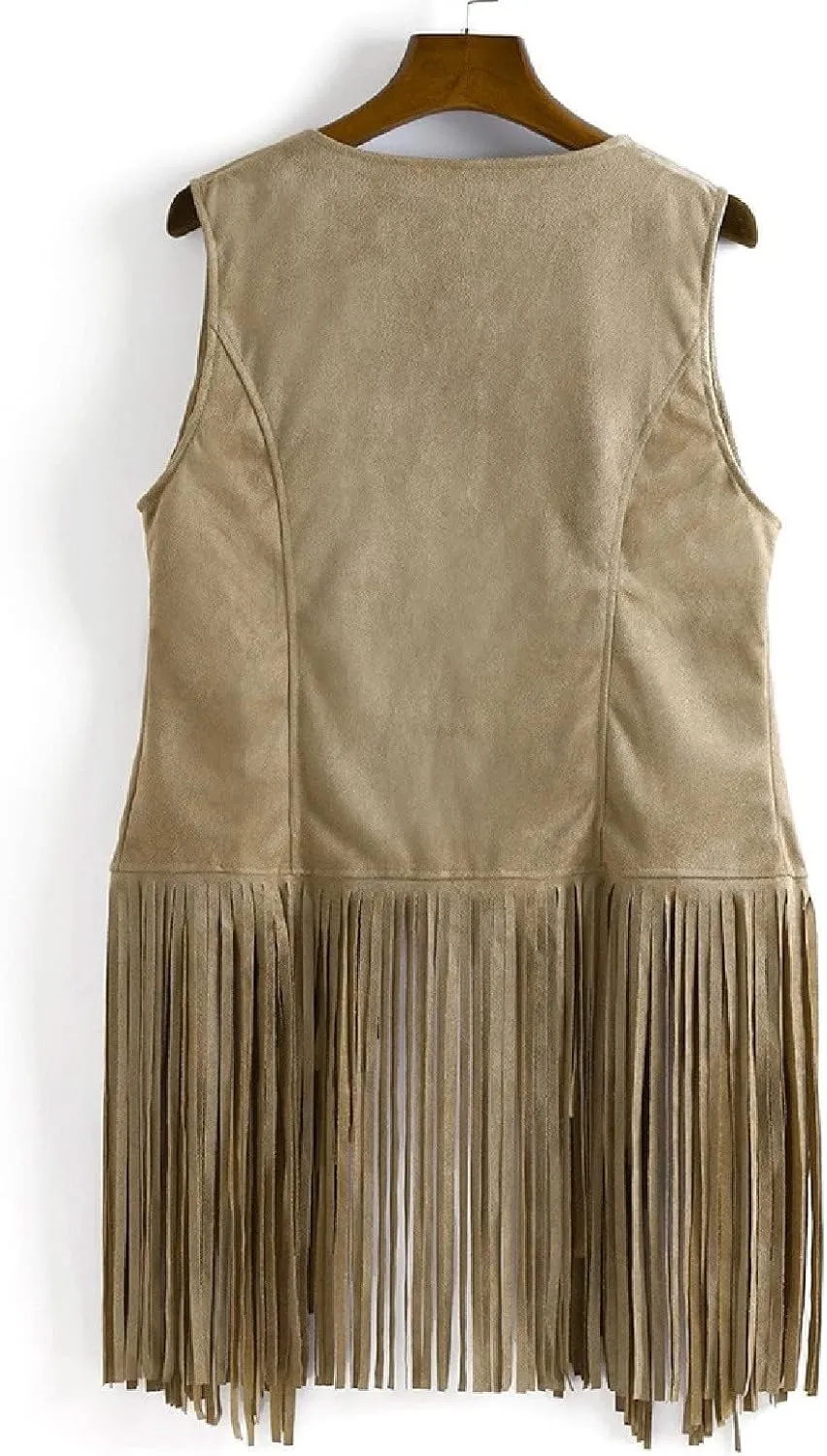 Women Fringe Vest 70S Hippie Faux Suede Open-Front Vintage Vest Sleeveless Tassel Cardigan Waistcoat Western Jacket