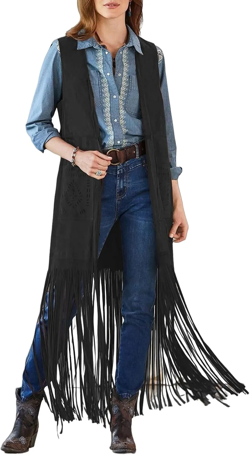 Women Fringe Vest 70S Hippie Faux Suede Open-Front Vintage Vest Sleeveless Tassel Cardigan Waistcoat Western Jacket