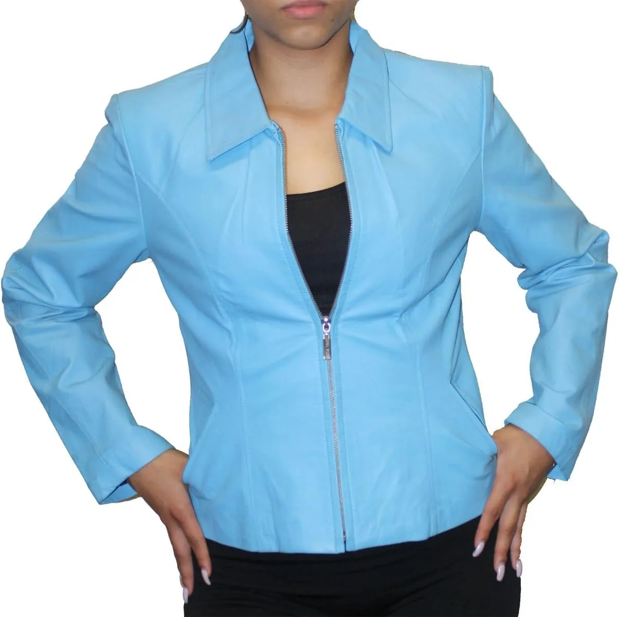 Women Genuine Soft napa Leather Short Fitted Waist Zipper Closure Leather Jacket