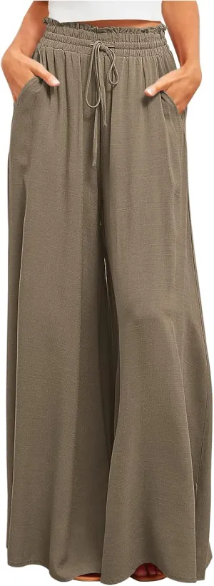 Women High Waist Casual Wide Leg Long Palazzo Pants Trousers Solid Color Drawstring Pants Beach Vacation Clothes