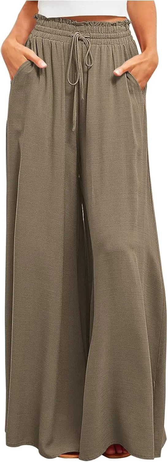 Women High Waist Casual Wide Leg Long Palazzo Pants Trousers Solid Color Drawstring Pants Beach Vacation Clothes