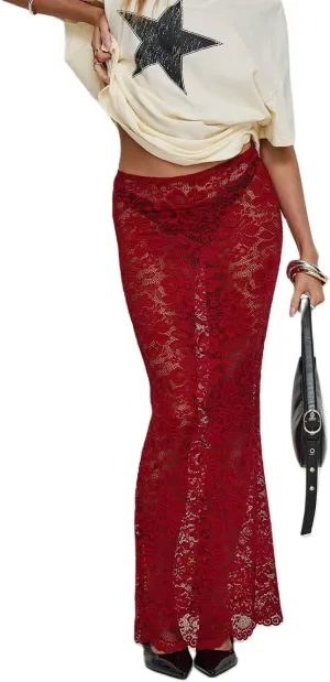 Women Lace Long Skirts Y2k Sheer Maxi Skirt Sexy See Through Beach Cover Up Long Skirt Streetwear