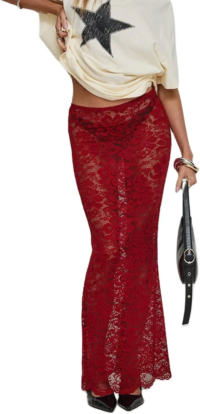Women Lace Long Skirts Y2k Sheer Maxi Skirt Sexy See Through Beach Cover Up Long Skirt Streetwear