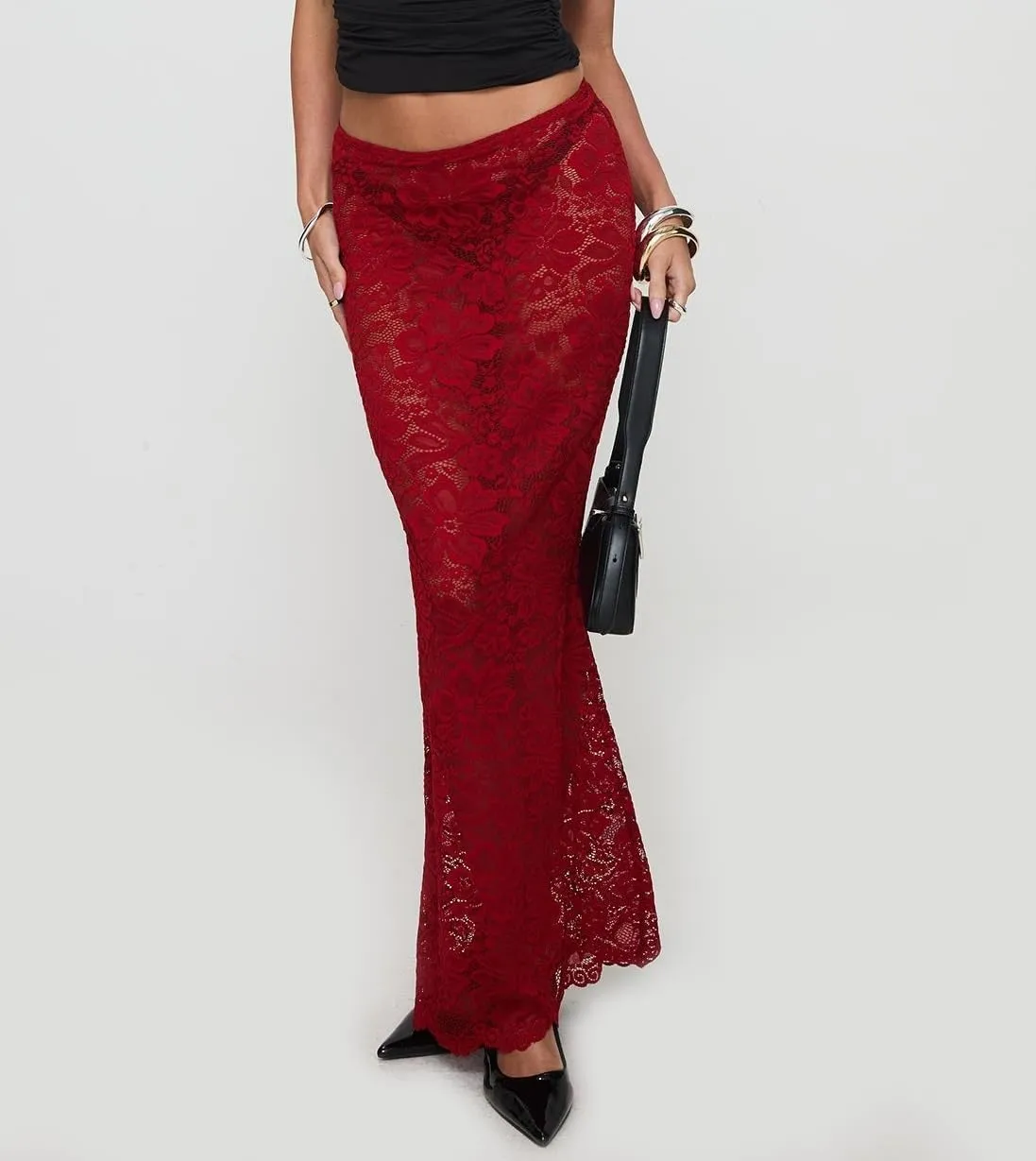 Women Lace Long Skirts Y2k Sheer Maxi Skirt Sexy See Through Beach Cover Up Long Skirt Streetwear