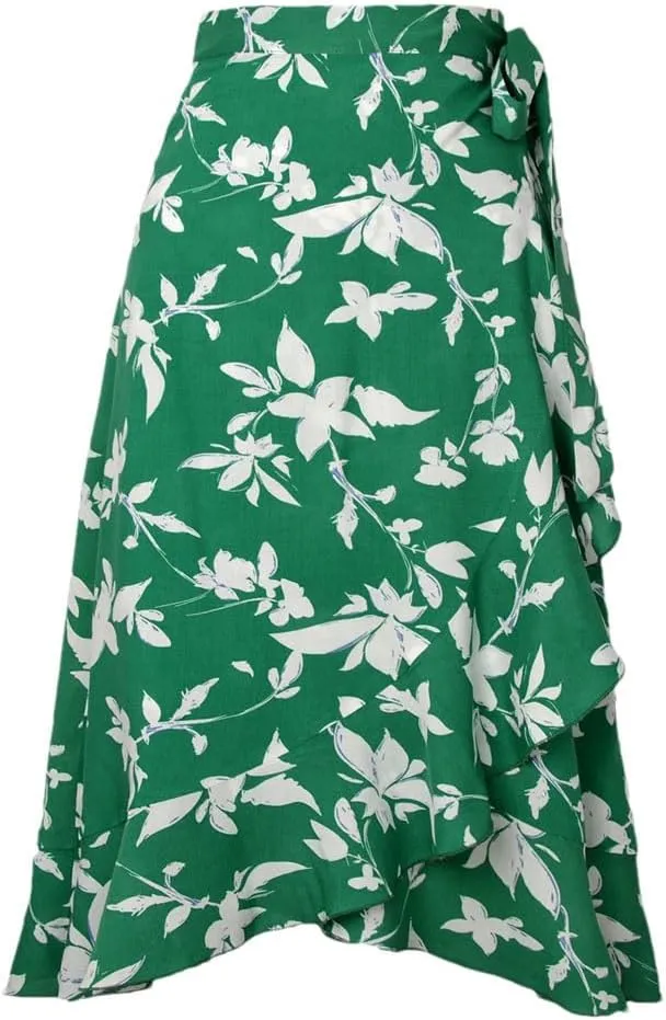 Women Lace-Up High Waist Print Irregular A Line Casual Midi Skirts
