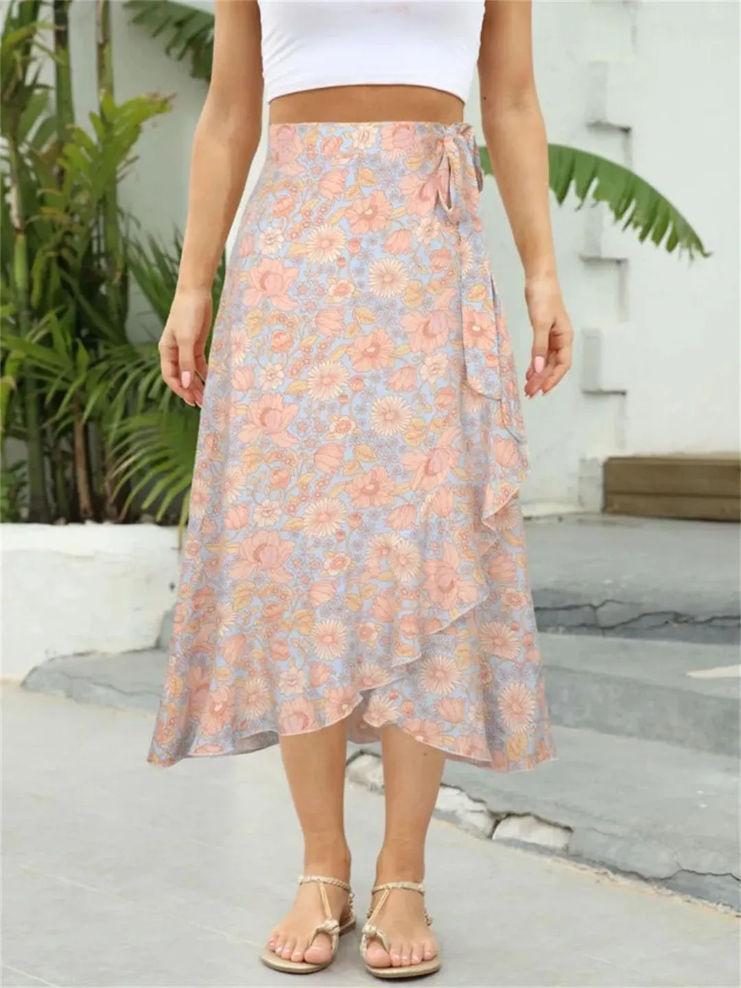 Women Lace-Up High Waist Print Irregular A Line Casual Midi Skirts